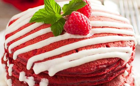 Red velvet pancakes with cream cheese frosting