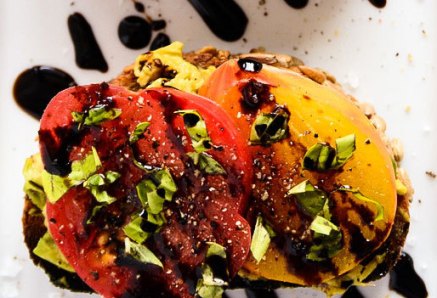 Tomato Crostini with avocado and balsamic